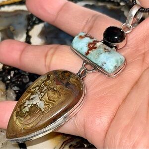 Large Septarian, Larimar & Onyx Crystal Pairing Pendant 3 1/2”